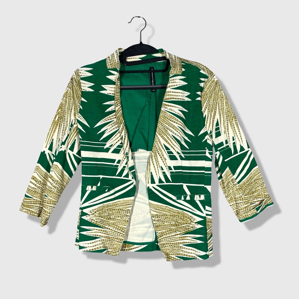 W118 by‎ Walter Baker Blazer Women Small Green Tropical Palm Open Front Boho